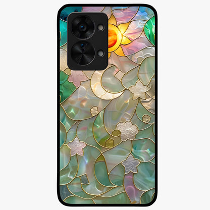 Stained Sunrise Glow Glass Case for 1+Nord 2T radiant front view featuring sunrise inspired stained glass artwork