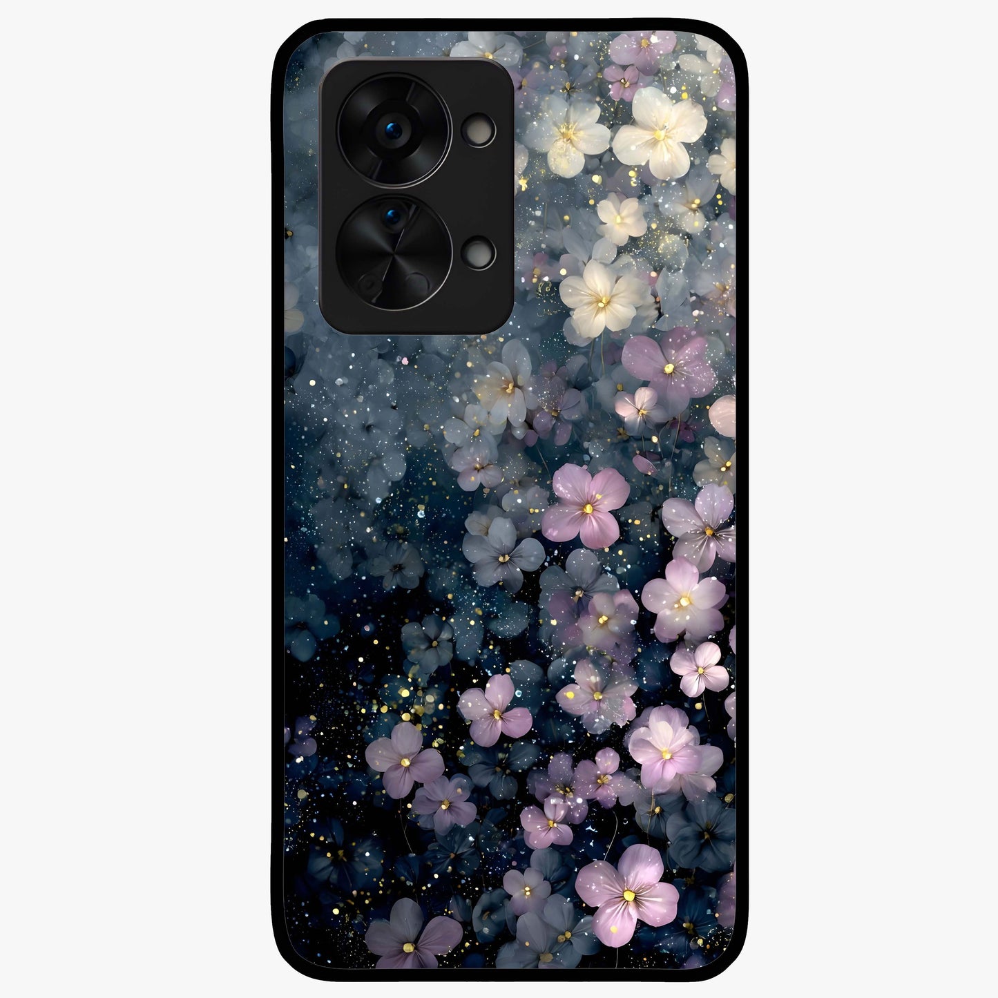 Starlit Blossom Dreams Glass Case for 1+Nord 2T dreamy front view featuring floral artwork under sparkling night sky