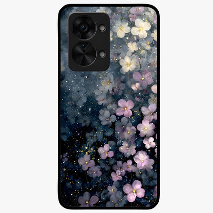 Starlit Blossom Dreams Glass Case for 1+Nord 2T dreamy front view featuring floral artwork under sparkling night sky