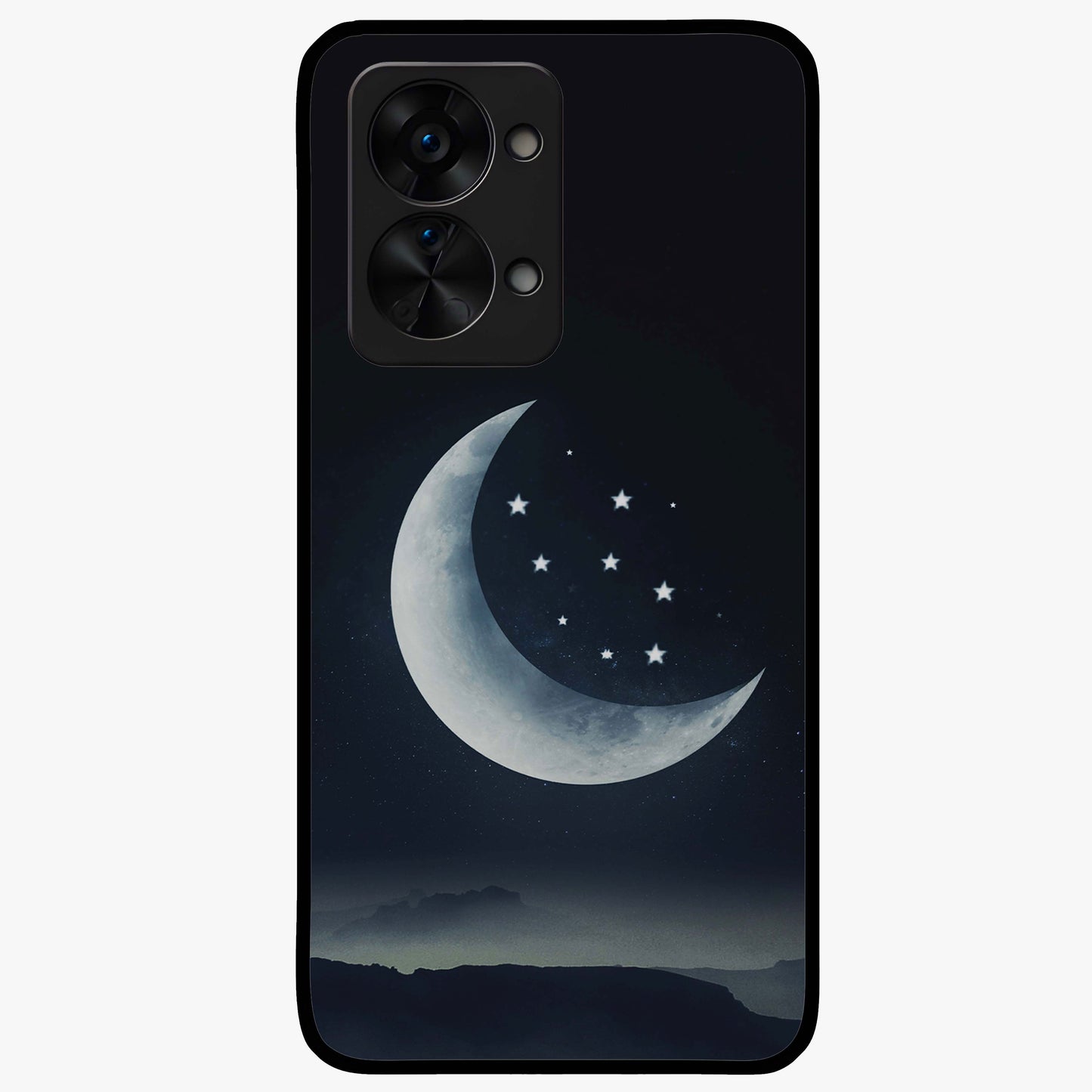 Starry Moon Pattern Glass Case for 1+Nord 2T dreamy front view featuring moon and star patterned artwork