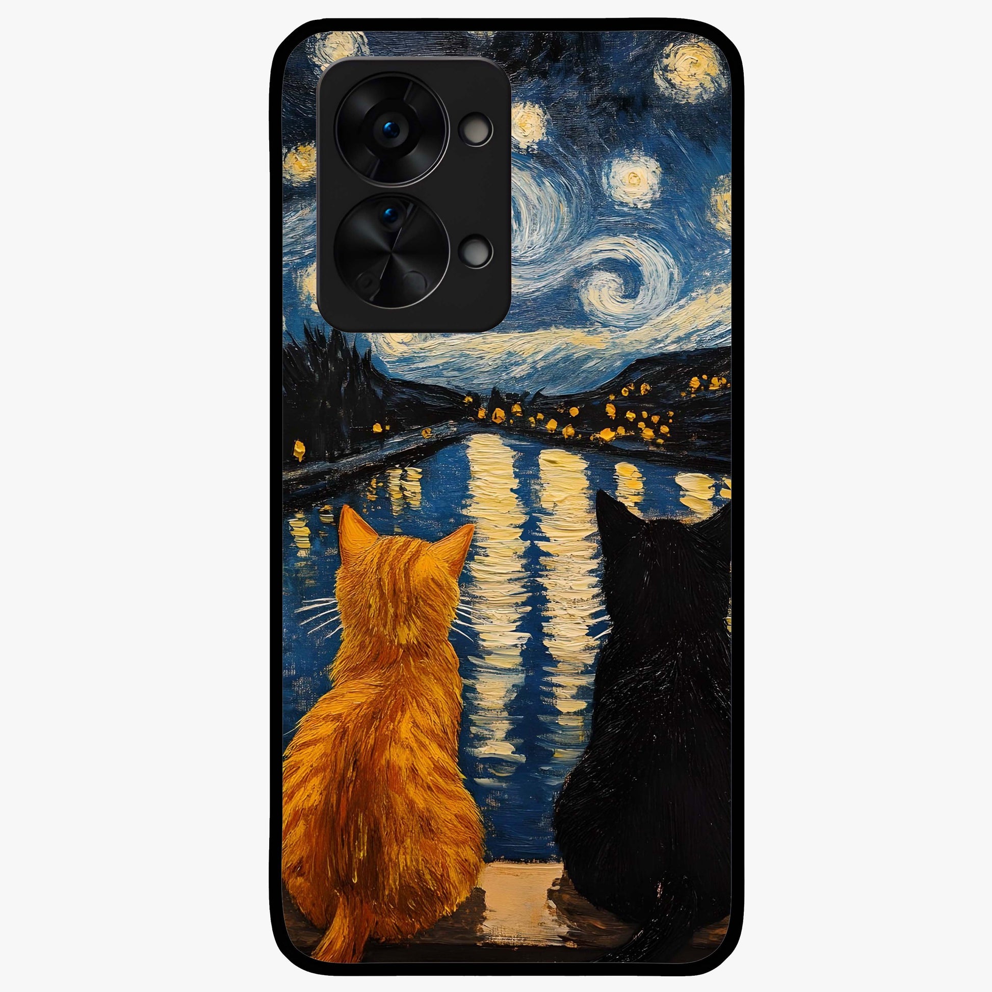 Starry River Cats Glass Case for 1+Nord 2T artistic front view featuring cats by a glowing river under starry sky