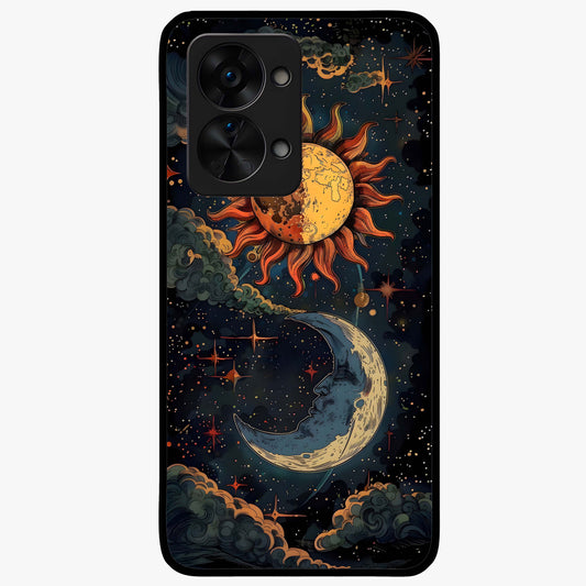 Sun and Moonflowers Glass Case for 1+Nord 2T vibrant front view featuring floral artwork blended with sun and moon elements