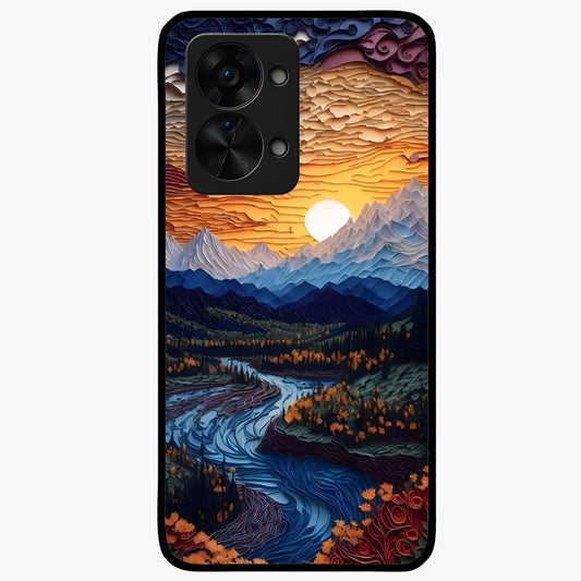 Sunrise River Dreams Glass Case for 1+Nord 2T scenic front view featuring river landscape under glowing sunrise sky