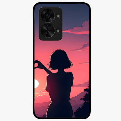 Sunset Silhouette Boy Glass Case for 1+Nord 2T artistic front view featuring boy silhouette against warm sunset backdrop