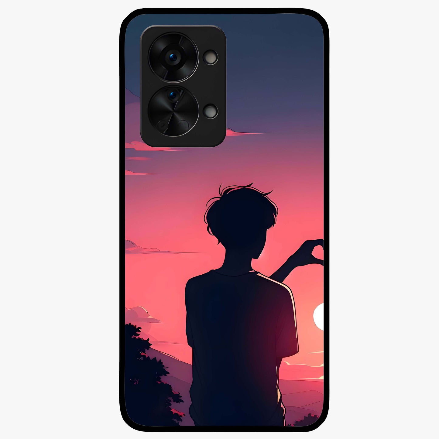 Sunset Silhouette Girl Glass Case for 1+Nord 2T aesthetic front view featuring girl silhouette under glowing sunset sky