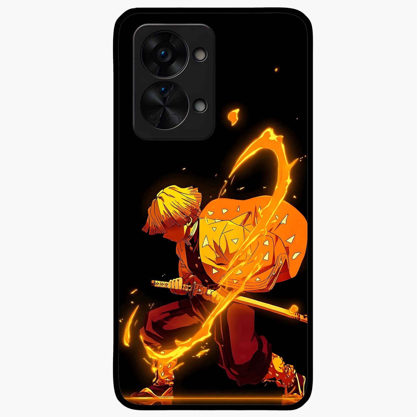 Thunder Flame Execution Glass Case for 1+Nord 2T intense front view featuring lightning and flame inspired artwork