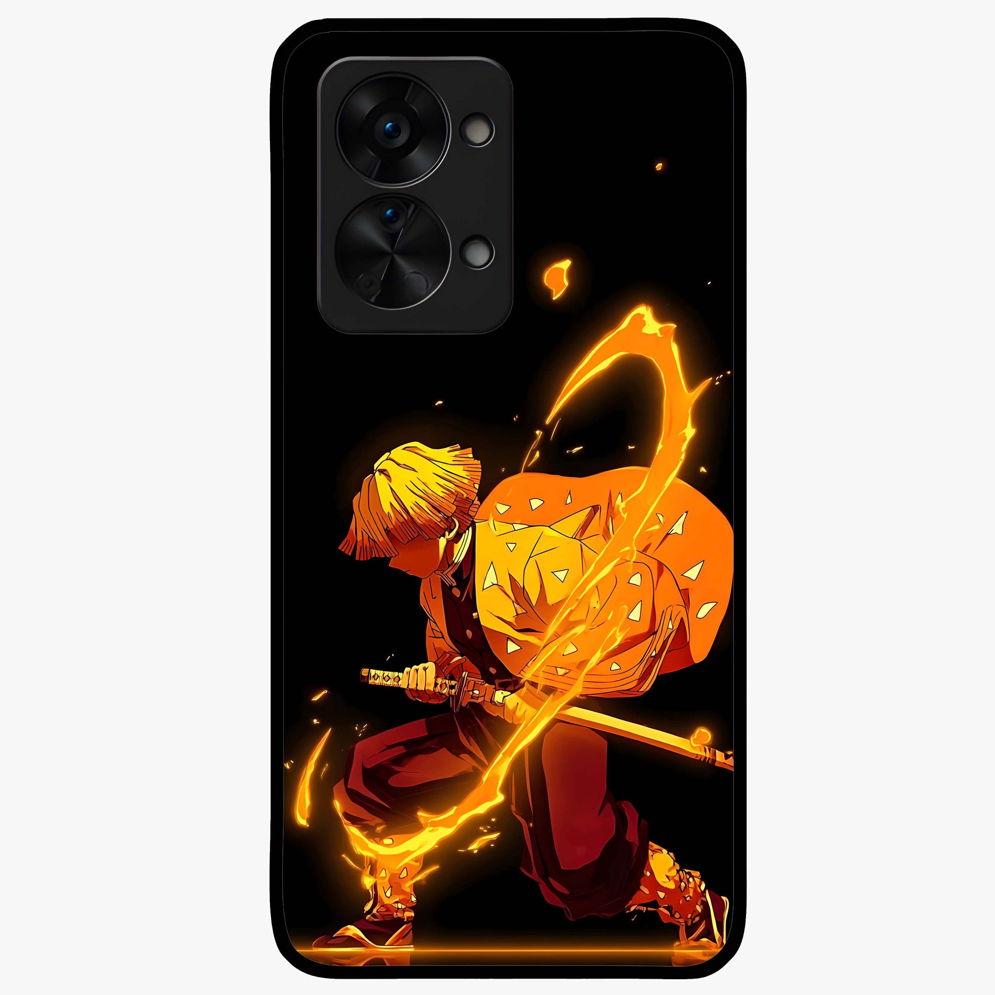 Thunder Flame Execution Glass Case for 1+Nord 2T intense front view featuring lightning and flame inspired artwork