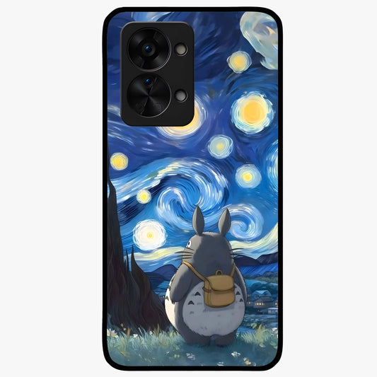 Totoro in Van Gogh Art Glass Case for 1+Nord 2T artistic front view featuring whimsical character artwork in painterly style