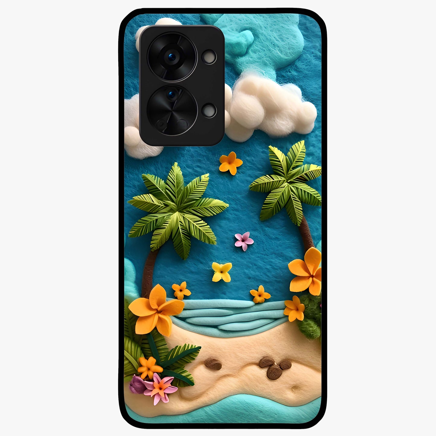 Tropical Felt Escape Glass Case for 1+Nord 2T refreshing front view featuring tropical inspired artistic artwork