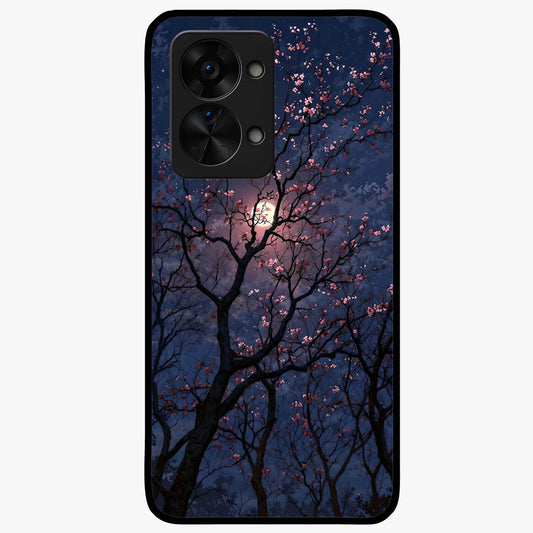 Twilight Sakura Serenade Glass Case for 1+Nord 2T elegant front view featuring cherry blossom artwork under twilight sky
