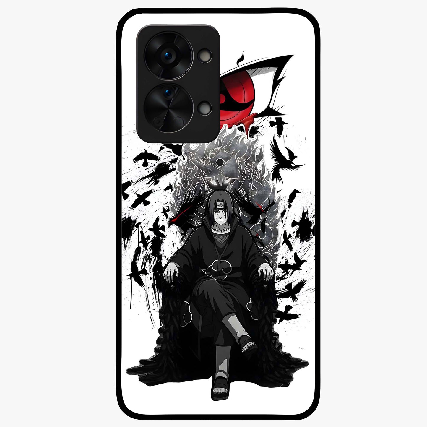 Uchiha Shadow Throne Glass Case for 1+Nord 2T intense front view featuring dark anime inspired throne artwork