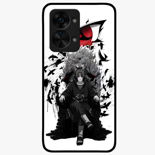 Uchiha Shadow Throne Glass Case for 1+Nord 2T intense front view featuring dark anime inspired throne artwork