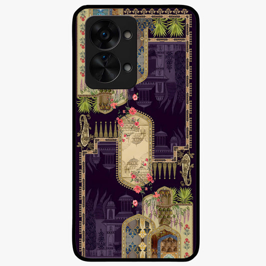 Velvet Mughal Art Glass Case for 1+Nord 2T luxurious front view featuring intricate Mughal inspired artwork