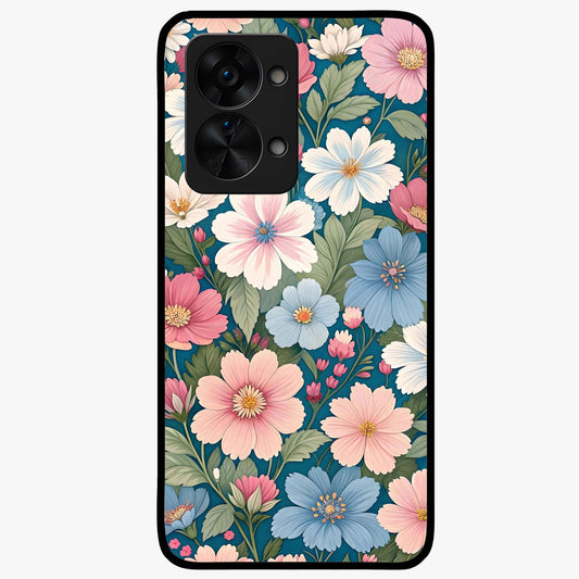 Vintage Floral Charm Glass Case for 1+Nord 2T graceful front view featuring charming retro floral artwork