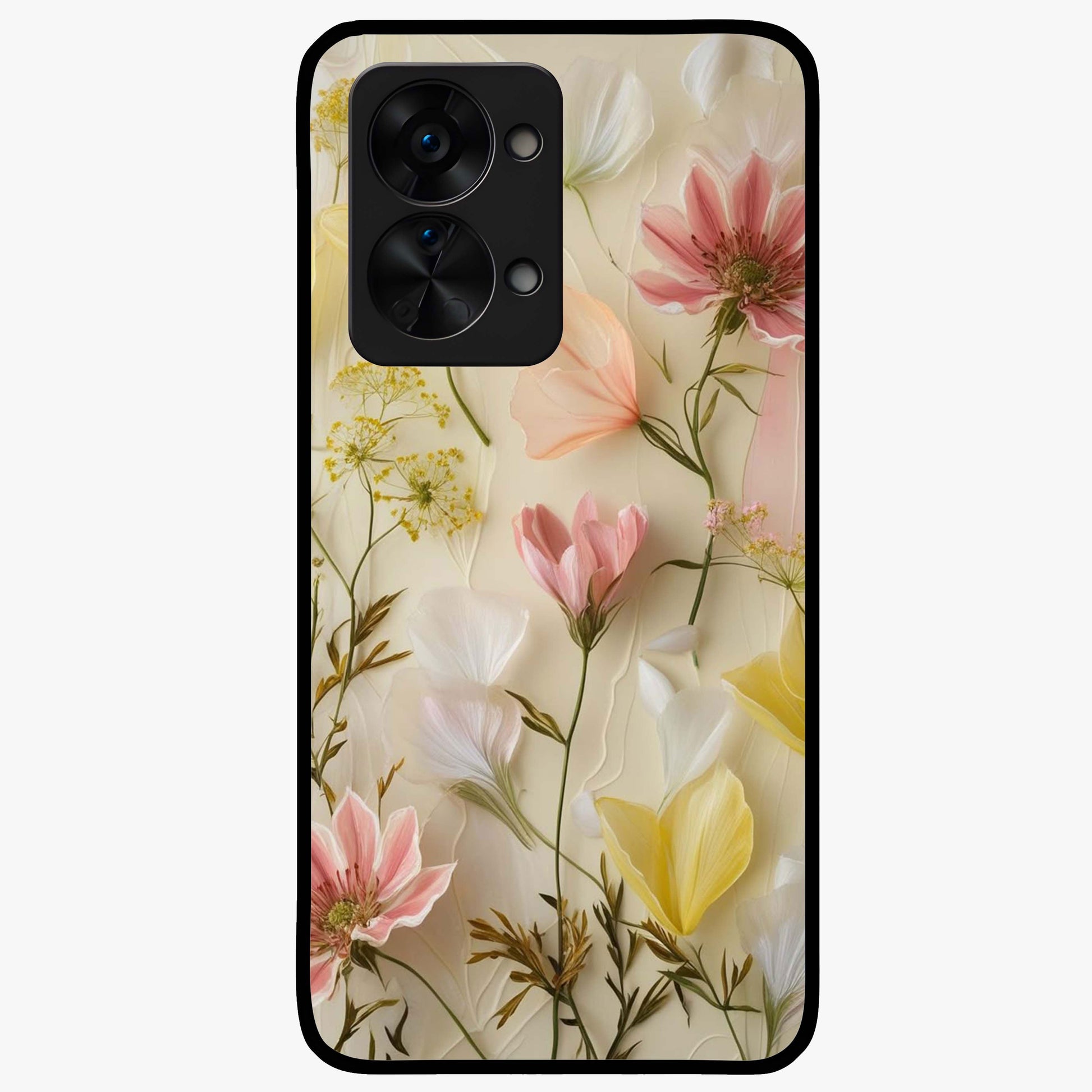 Whispering Petal Harmony Glass Case for 1+Nord 2T elegant front view featuring soft floral artwork in pastel tones