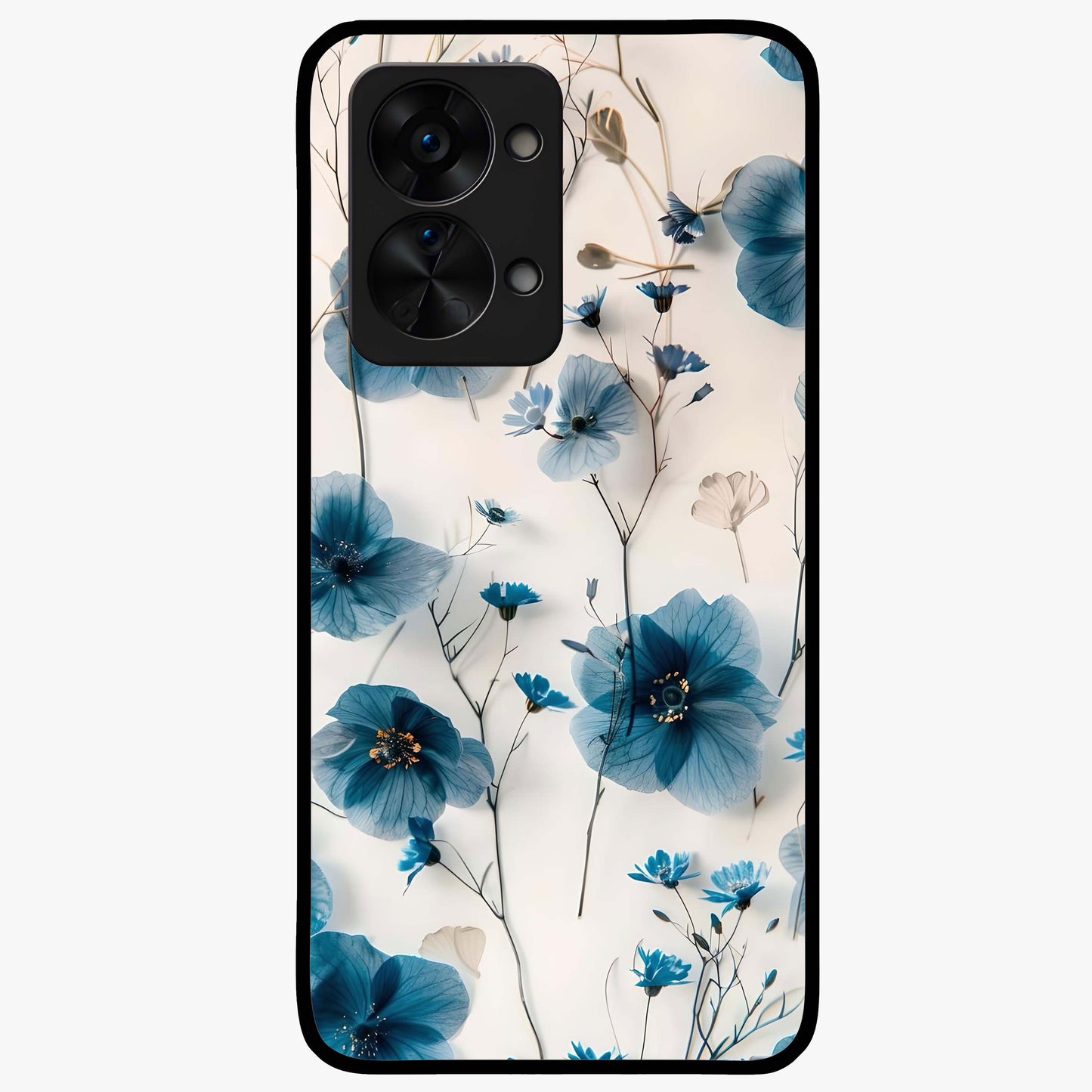 Whispers of Blue Bloom Glass Case for 1+Nord 2T vibrant front view featuring blue floral artwork with soft glow