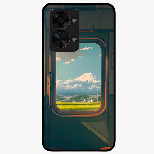 Window to Fuji Glass Case for 1+Nord 2T scenic front view featuring Mount Fuji artwork framed through a window design