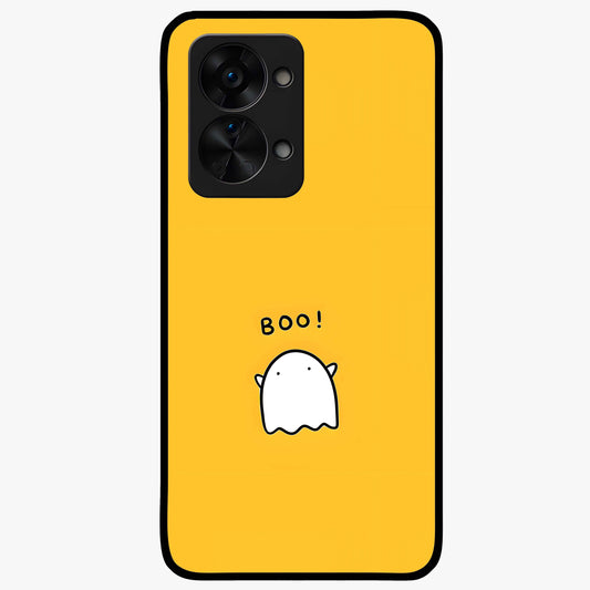 Yellow Boo Ghost Glass Case for 1+Nord 2T playful front view featuring cute ghost artwork in vibrant yellow tones