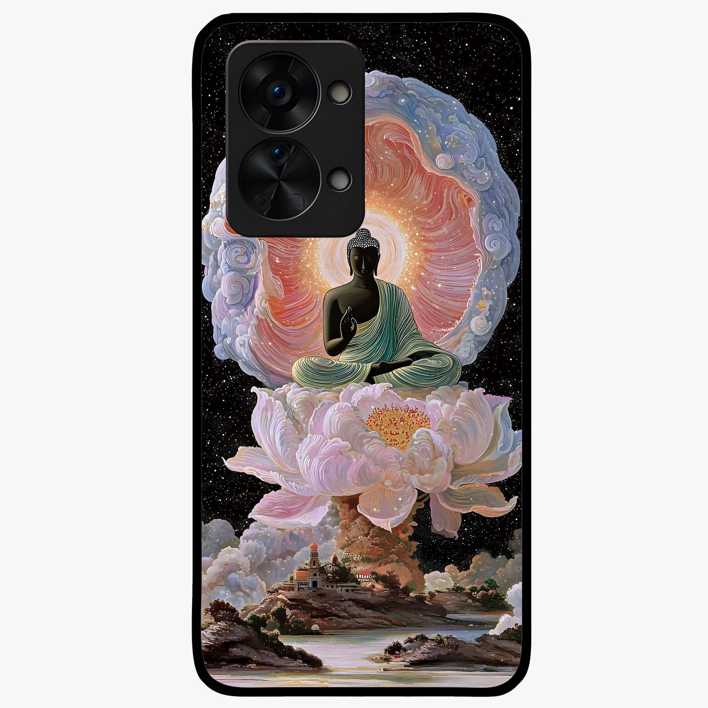 Zen Lotus Realm Glass Case for 1+Nord 2T peaceful front view featuring lotus artwork with calm spiritual tones