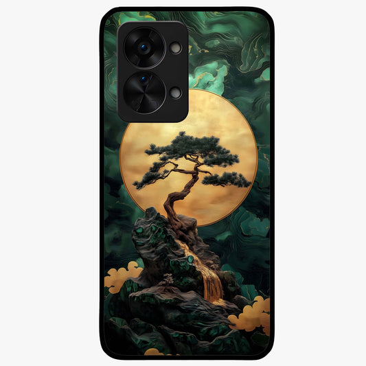 Zen Moon Rise Glass Case for 1+Nord 2T tranquil front view featuring rising moon artwork in minimalist style