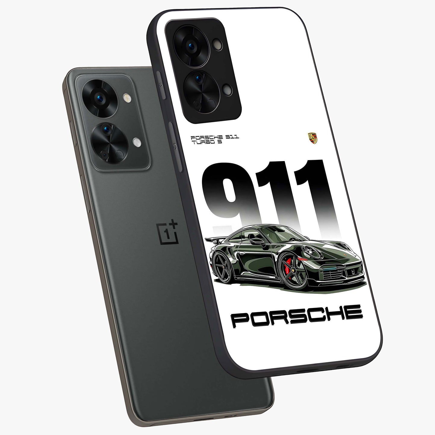 911 Turbo Dominance Glass Case for 1+Nord 2T premium angled mockup showcasing glossy glass finish and racing inspired design