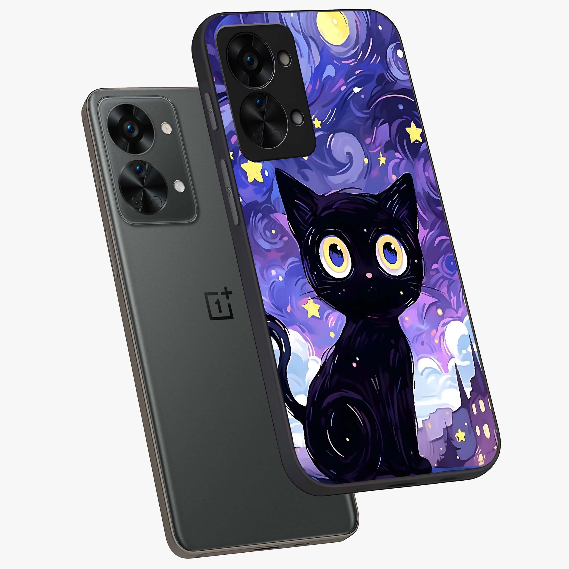 Abstract Cat Art Glass Case for 1+Nord 2T premium angled mockup showcasing glossy glass finish and creative feline design