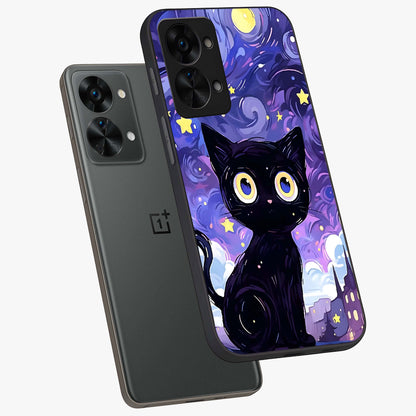 Abstract Cat Art Glass Case for 1+Nord 2T premium angled mockup showcasing glossy glass finish and creative feline design