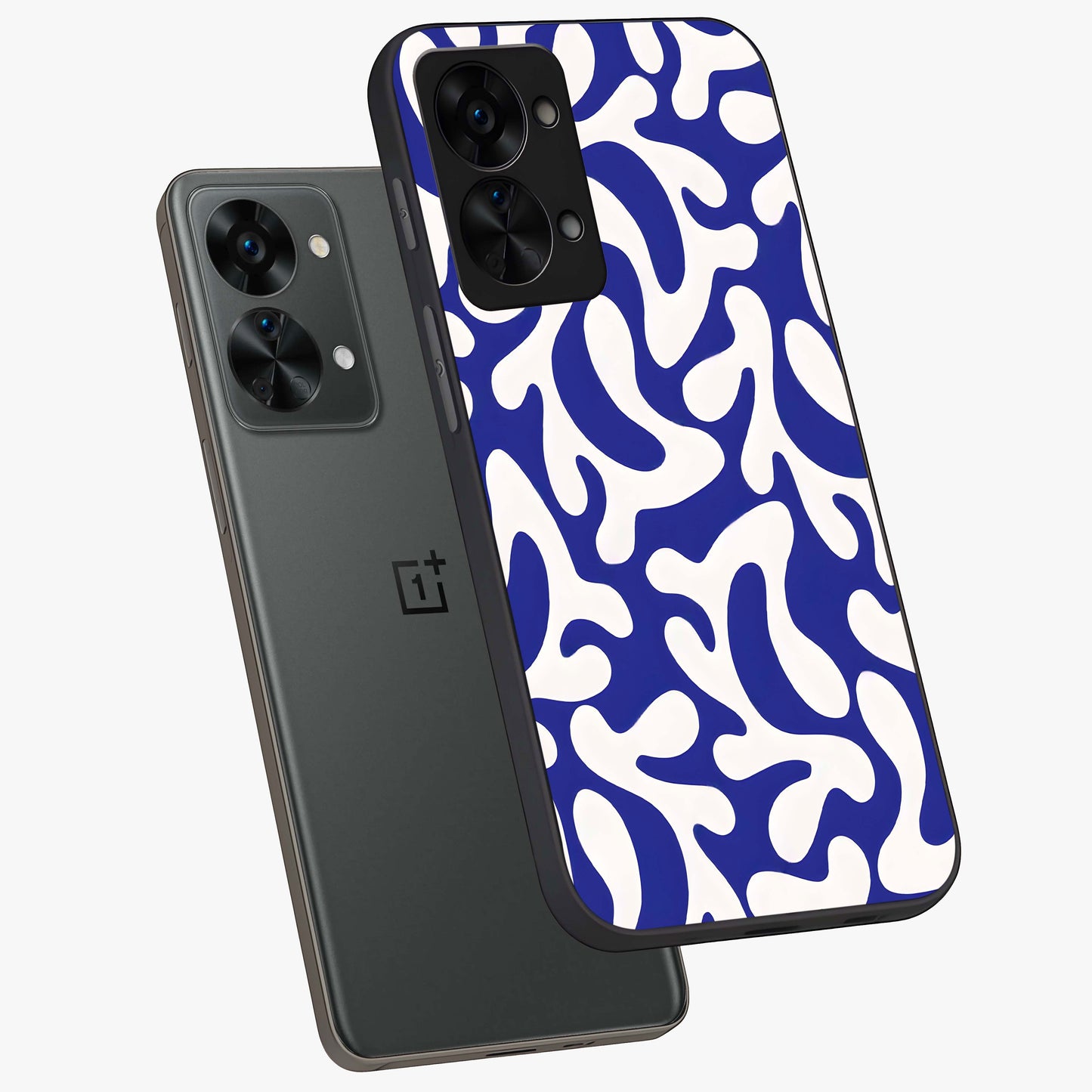 Abstract Coral Waves Glass Case for 1+Nord 2T angled display showcasing glossy finish and fluid abstract textures