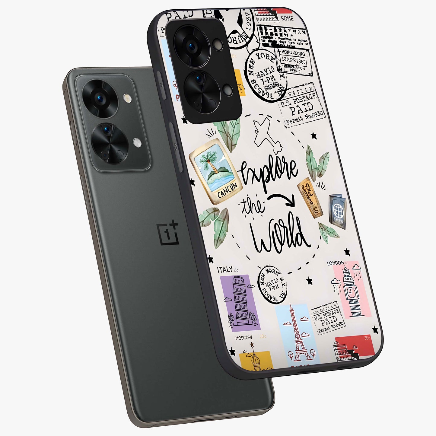 Adventure Awaits Art Glass Case for 1+Nord 2T angled display showcasing glossy finish and adventure themed design