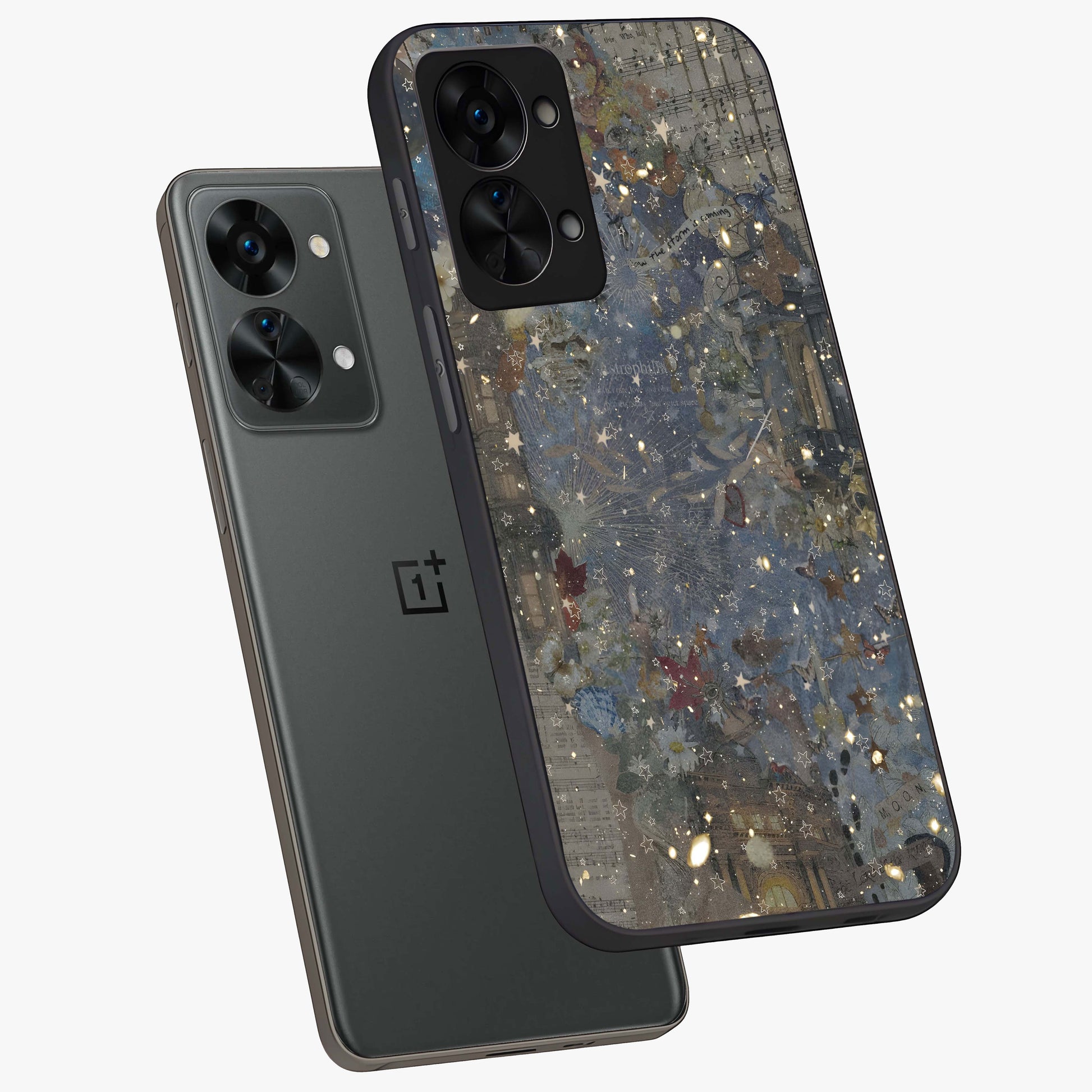 Aesthetic Astrolophia Glass Case for 1+Nord 2T angled mockup showcasing glossy cosmic design and premium glass finish