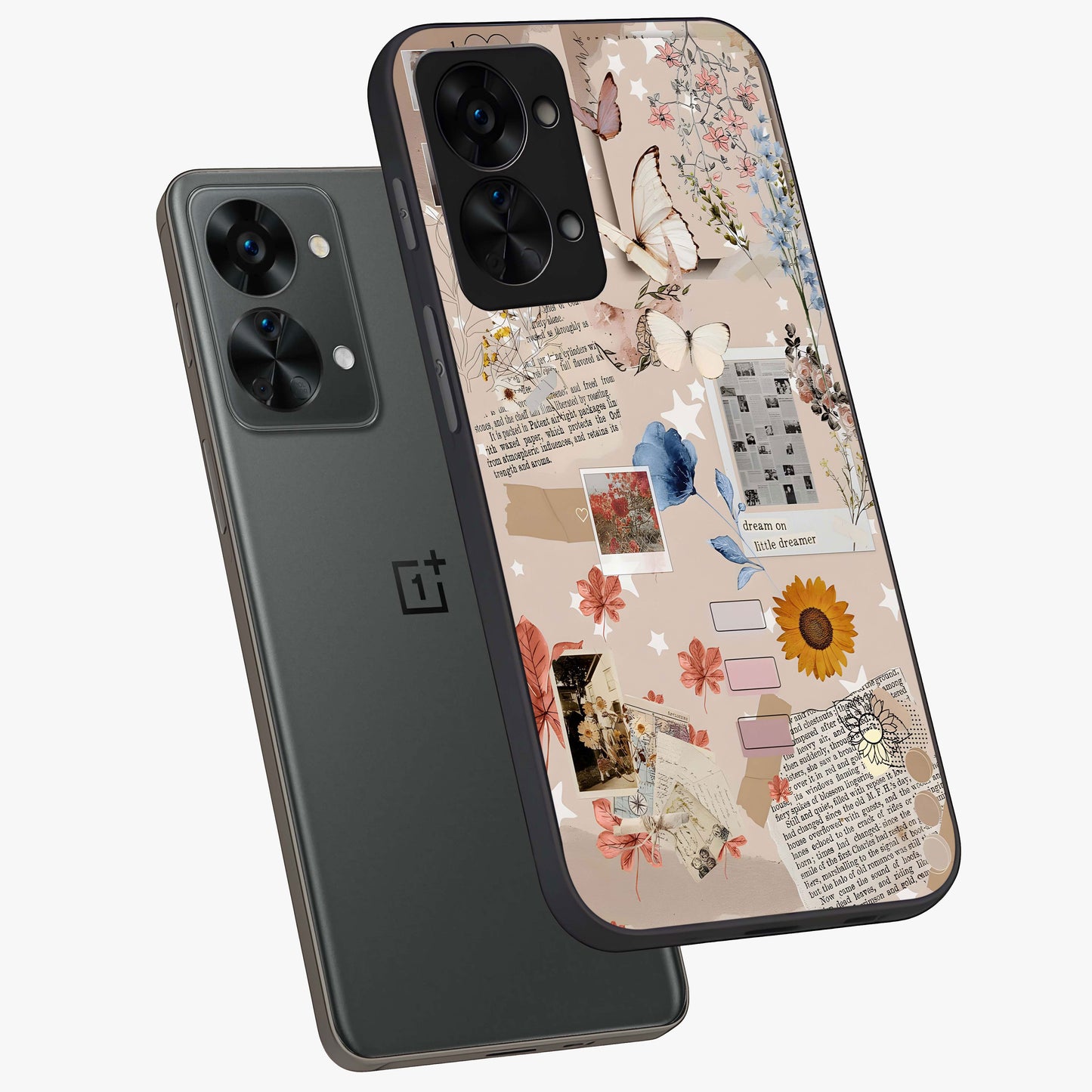 Aesthetic Butterfly Glass Case for 1+Nord 2T angled mockup showcasing glossy glass finish and delicate wing details