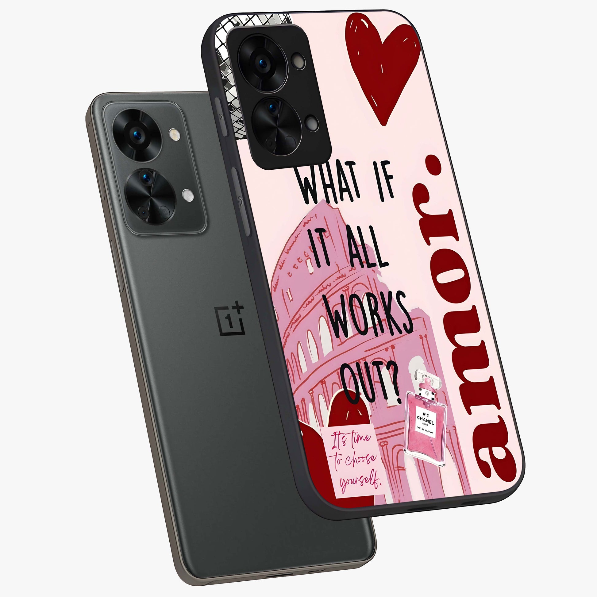 Amor Memory Scrapbook Glass Case for 1+Nord 2T angled mockup showcasing glossy finish and layered memory collage design