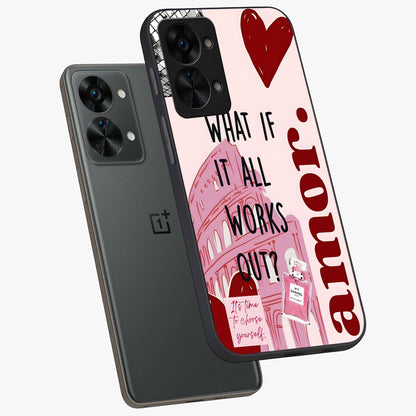 Amor Memory Scrapbook Glass Case for 1+Nord 2T angled mockup showcasing glossy finish and layered memory collage design