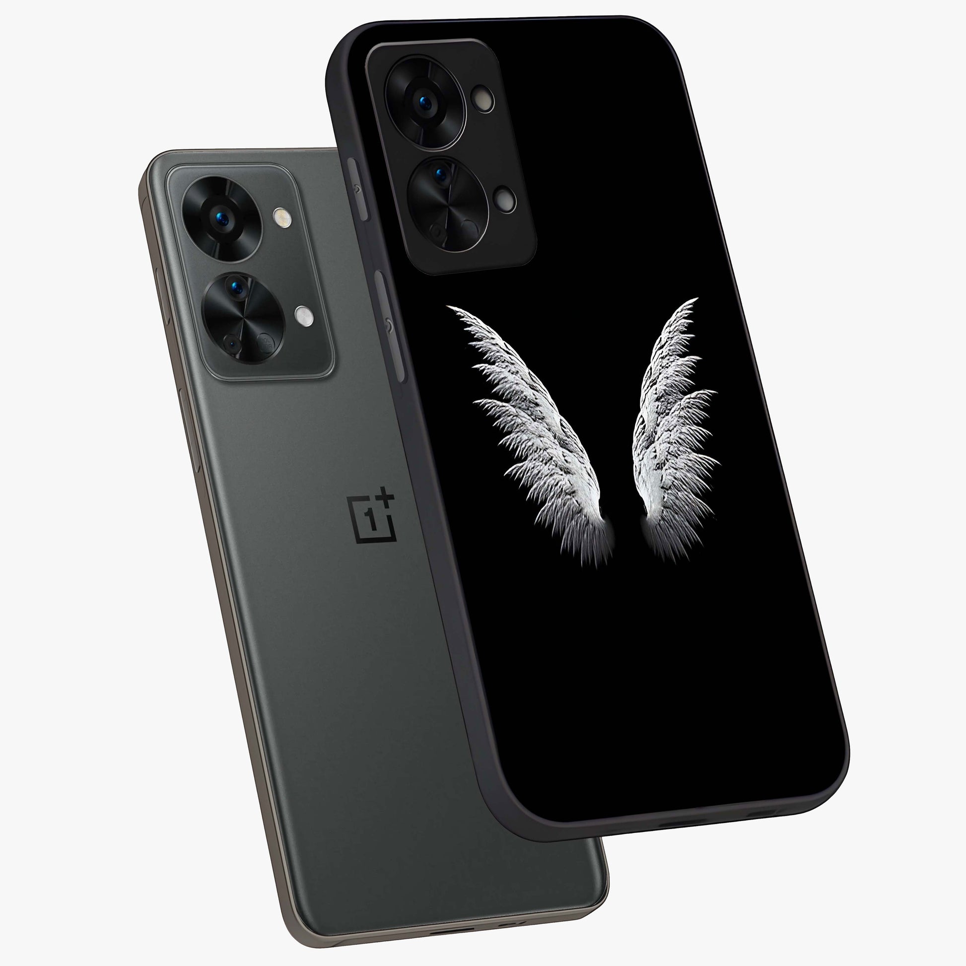 Angel Wing Grace Glass Case for 1+Nord 2T angled mockup showcasing glossy finish and graceful feather design
