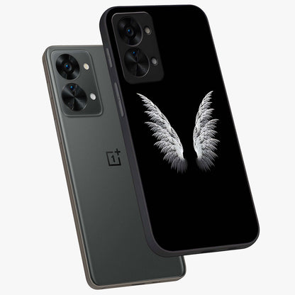 Angel Wing Grace Glass Case for 1+Nord 2T angled mockup showcasing glossy finish and graceful feather design