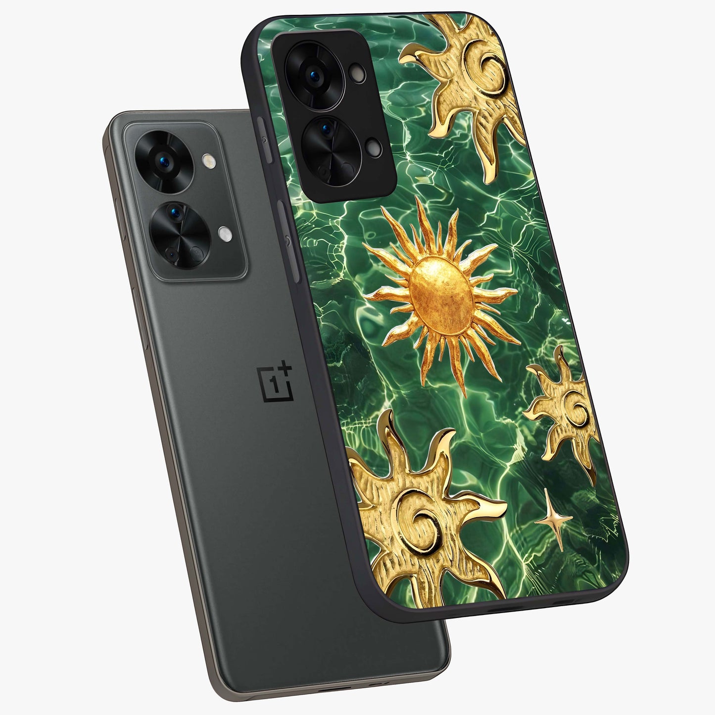 Aqua Sun Mirage Glass Case for 1+Nord 2T angled mockup showcasing glossy glass finish and radiant gradient tones