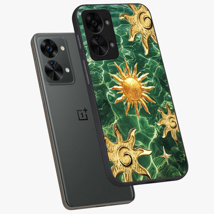 Aqua Sun Mirage Glass Case for 1+Nord 2T angled mockup showcasing glossy glass finish and radiant gradient tones