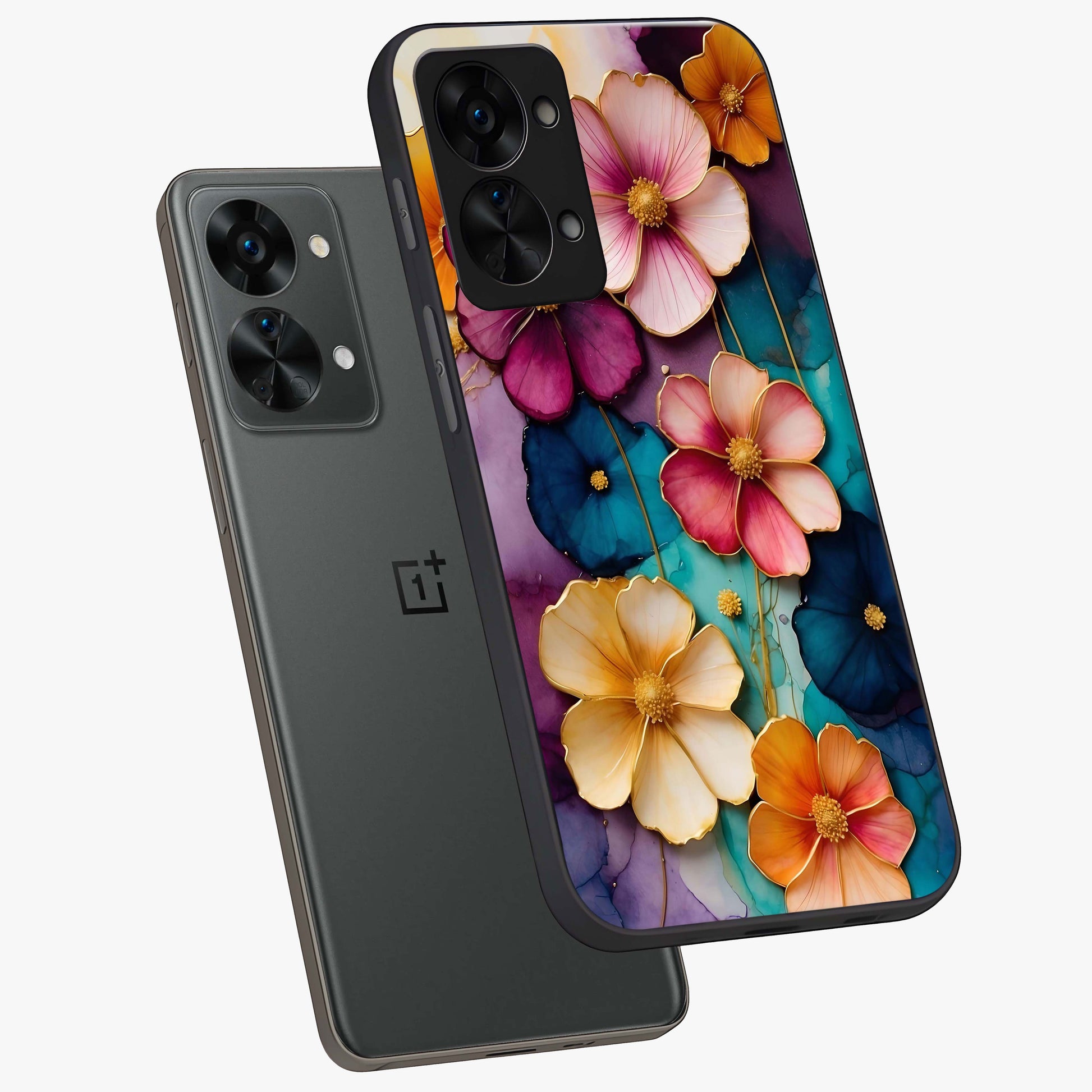 Artlyn Grace Flower Pattern Glass Case for 1+Nord 2T angled mockup showcasing glossy finish and graceful flower detailing