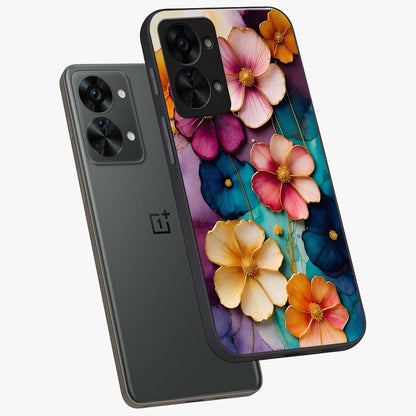 Artlyn Grace Flower Pattern Glass Case for 1+Nord 2T angled mockup showcasing glossy finish and graceful flower detailing