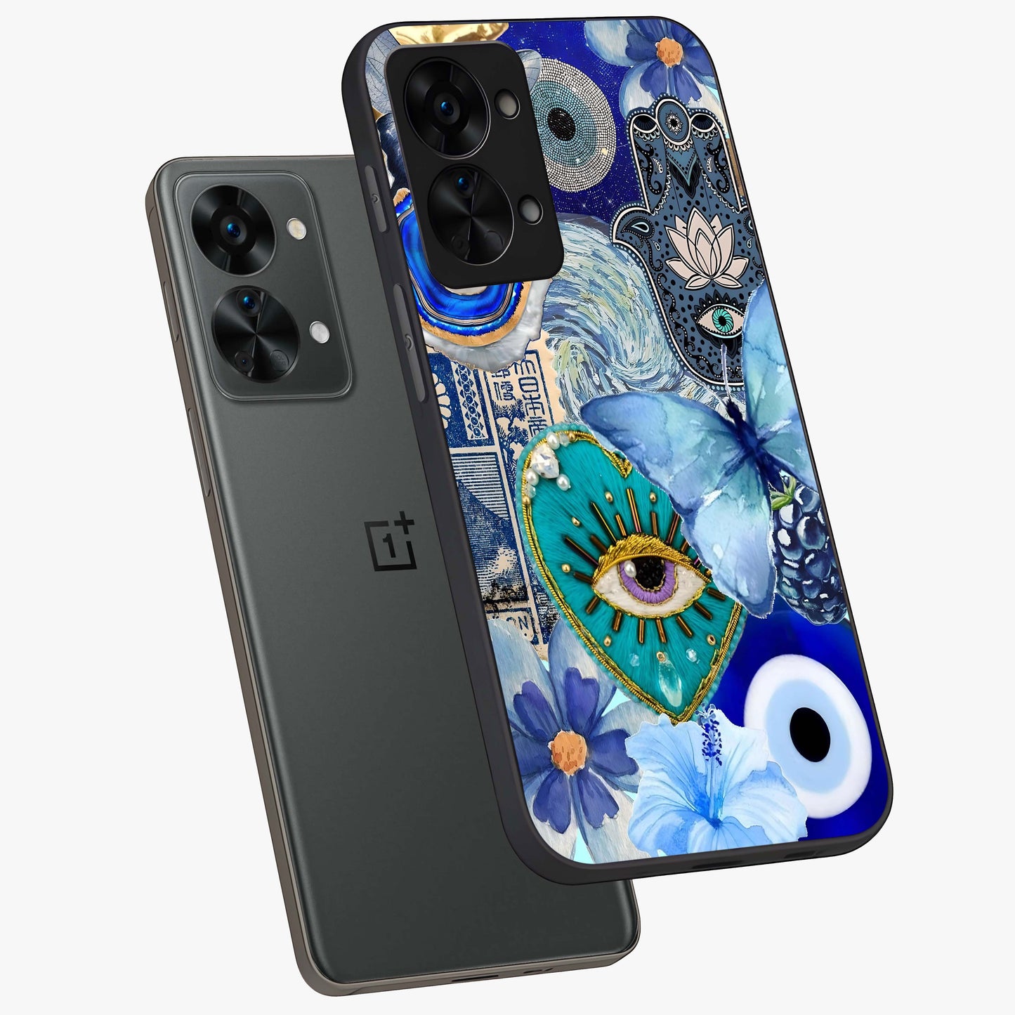 Audrey Zivan Glass Case for 1+Nord 2T angled mockup showcasing glossy glass finish and modern visual artwork