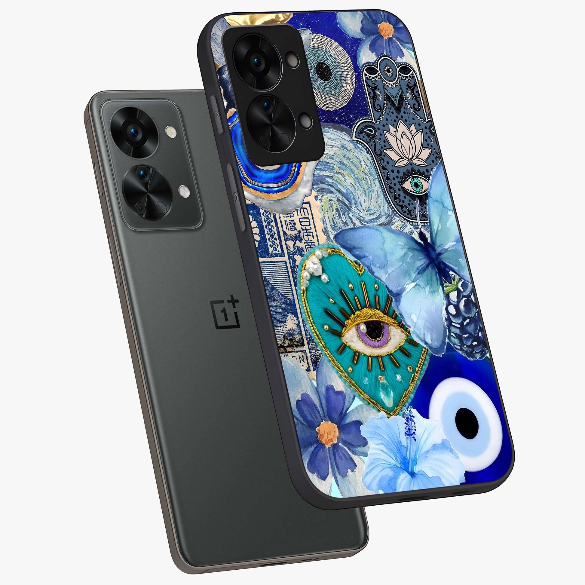 Audrey Zivan Glass Case for 1+Nord 2T angled mockup showcasing glossy glass finish and modern visual artwork