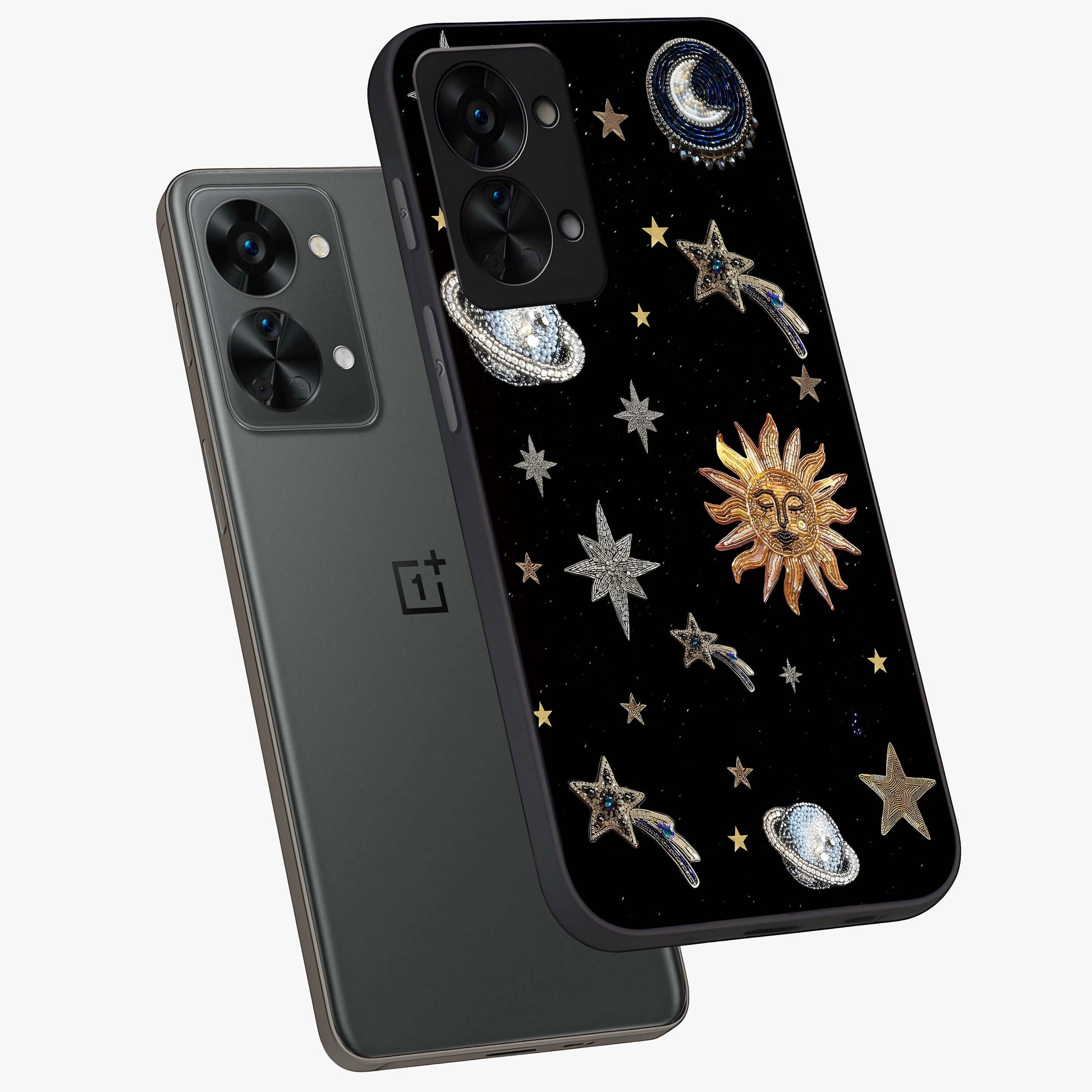 Beaded Cosmic Dreams Glass Case for 1+Nord 2T angled mockup showcasing glossy finish and vibrant galaxy detailing