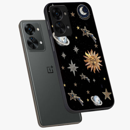 Beaded Cosmic Dreams Glass Case for 1+Nord 2T angled mockup showcasing glossy finish and vibrant galaxy detailing