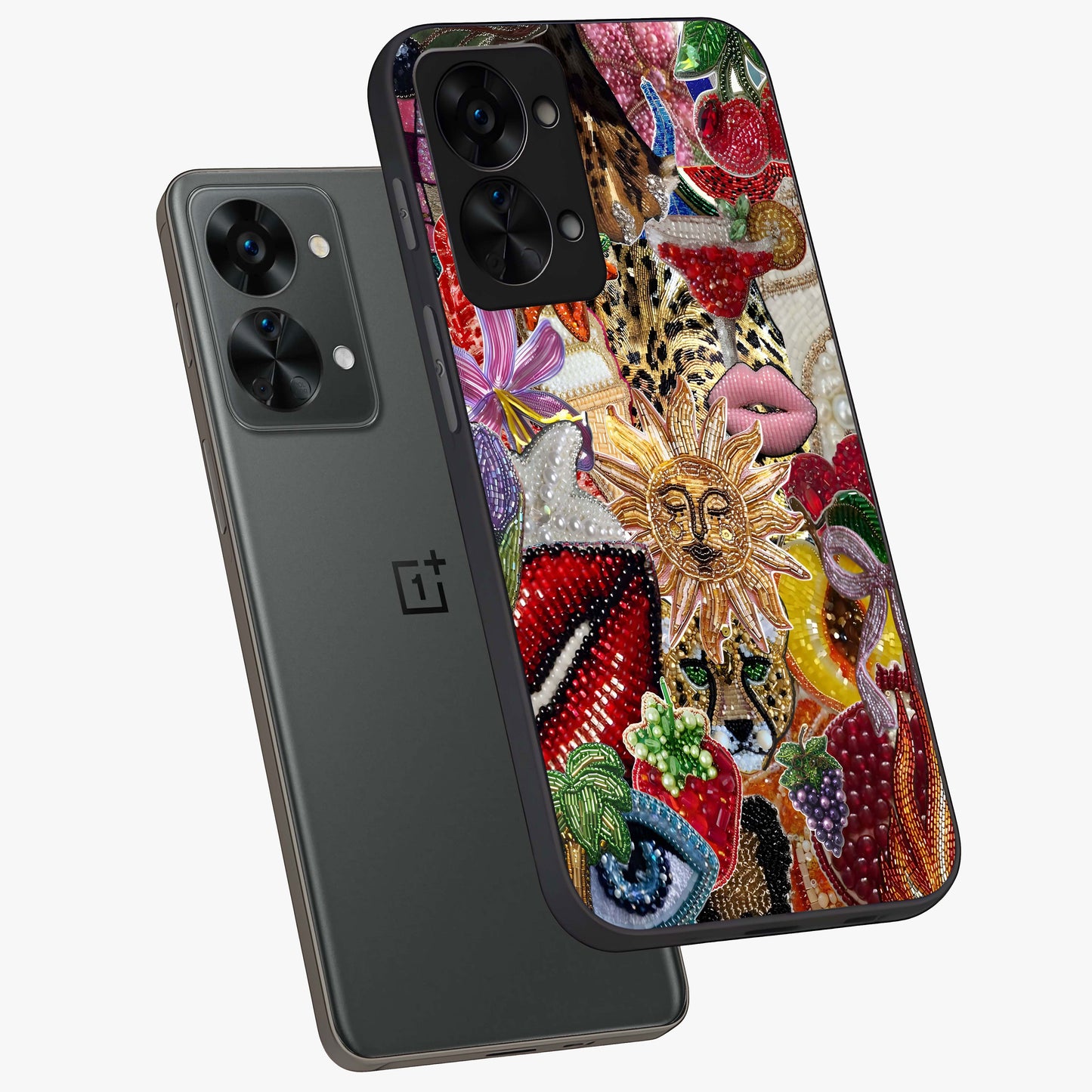 Beaded Fashion Jungle Glass Case for 1+Nord 2T angled mockup showcasing glossy finish and vibrant tropical design