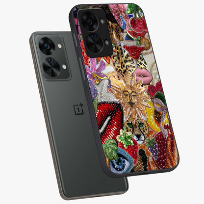 Beaded Fashion Jungle Glass Case for 1+Nord 2T angled mockup showcasing glossy finish and vibrant tropical design