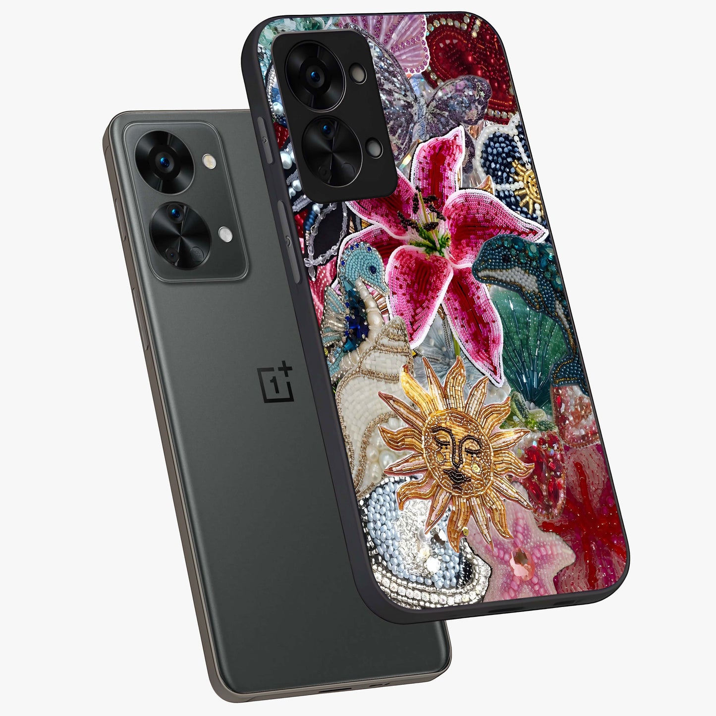 Beaded Garden Fantasy Glass Case for 1+Nord 2T angled mockup showcasing glossy finish and detailed fantasy design