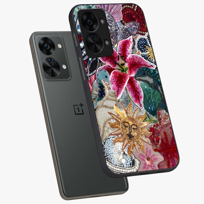 Beaded Garden Fantasy Glass Case for 1+Nord 2T angled mockup showcasing glossy finish and detailed fantasy design