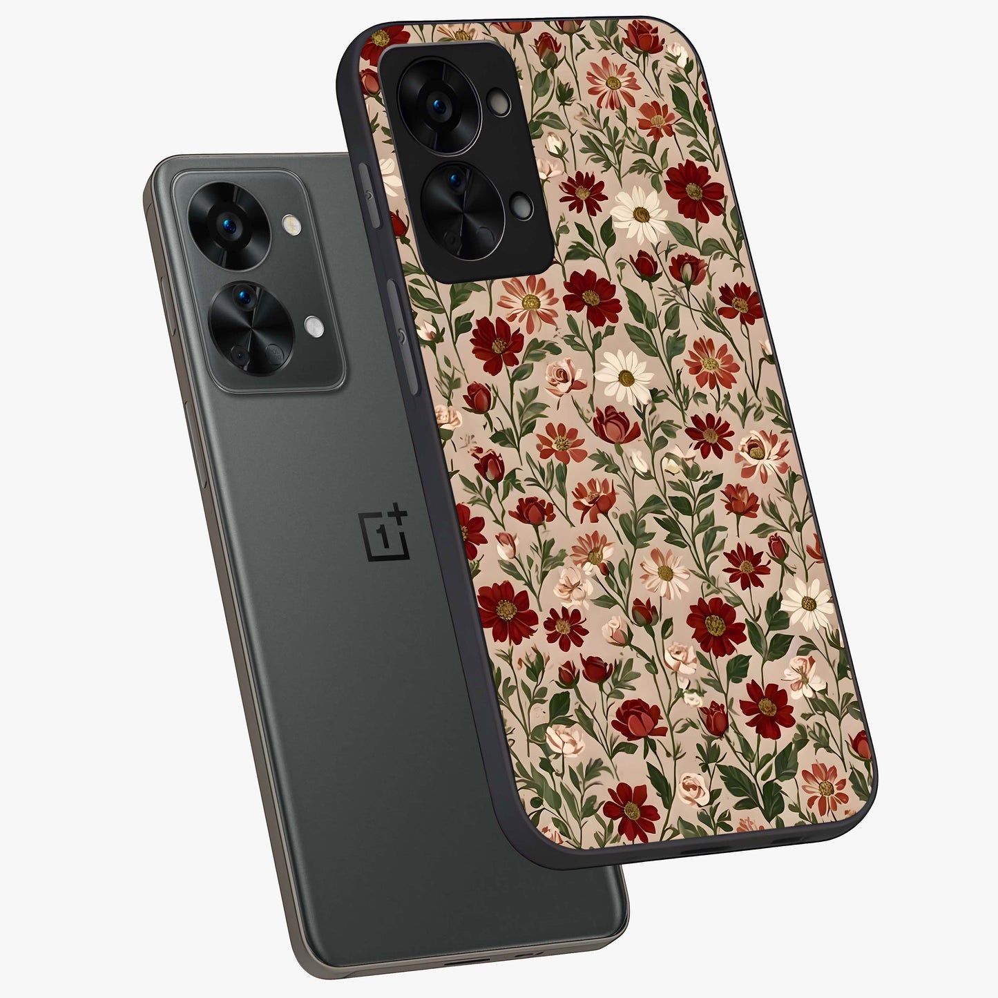 Biege Flower With Leaf Glass Case for 1+Nord 2T angled mockup showcasing glossy finish and minimal botanical design