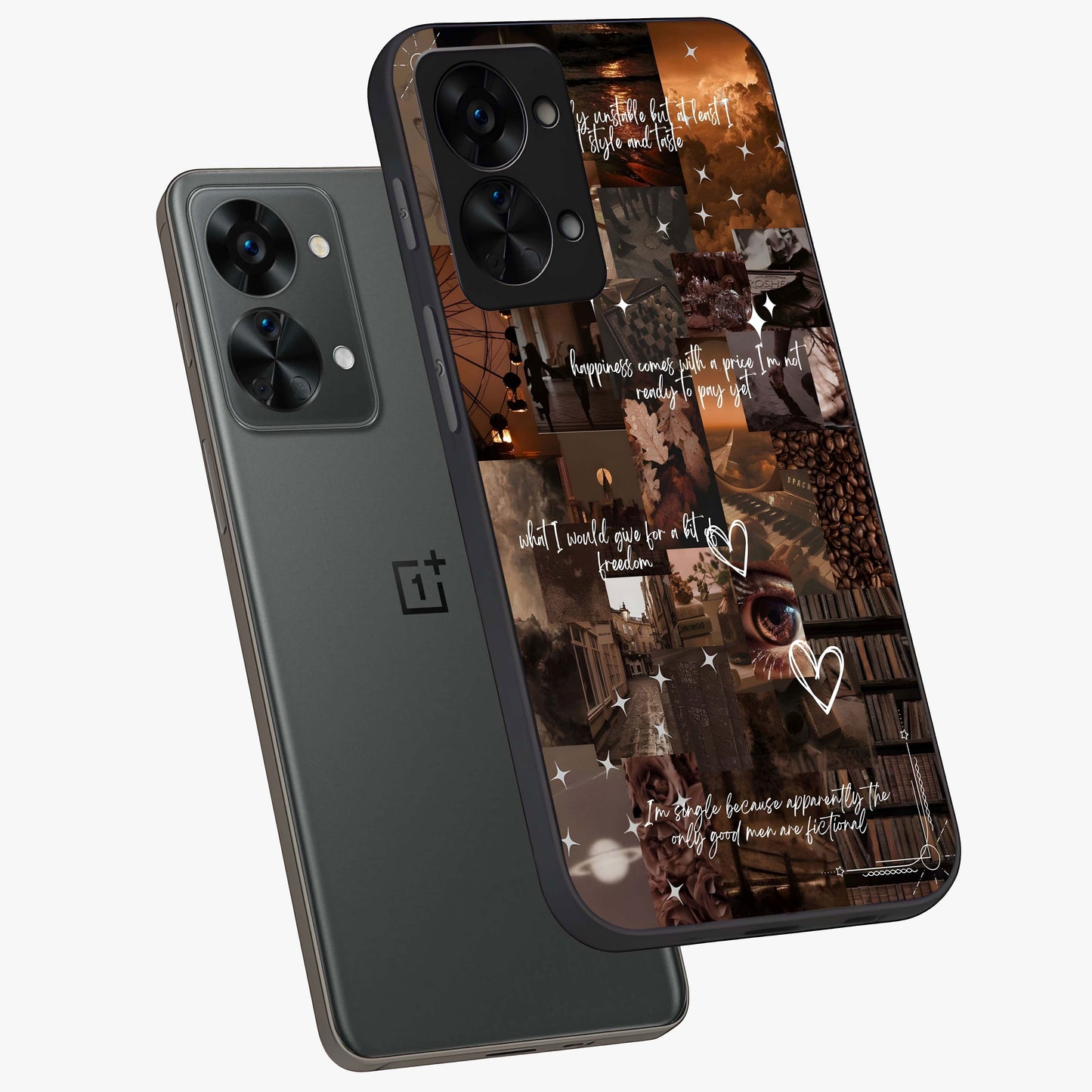 Bittersweet Aesthetic Chaos Glass Case for 1+Nord 2T angled mockup showcasing glossy finish and artistic chaotic design