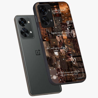 Bittersweet Aesthetic Chaos Glass Case for 1+Nord 2T angled mockup showcasing glossy finish and artistic chaotic design